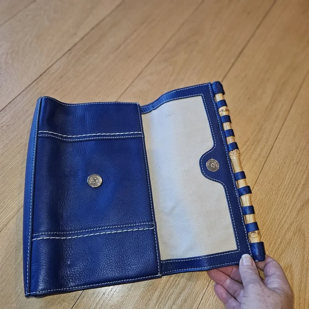 J Mclaughlin Leather Clutch Purse w/Bamboo‎ Accent Handle